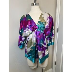 Vertigo Paris Kimono Blouse Top Abstract Print Tie Front Women L